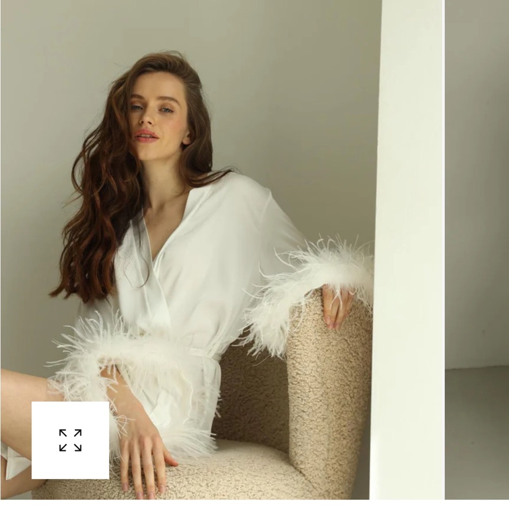 Ostrich Feather Trim White Satin Robe - Women's Intimates